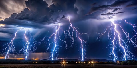 Dramatic lightning bolts illuminating the night sky , Storm, Thunder, Electrifying, Power, Weather, Nature, Sky, Night