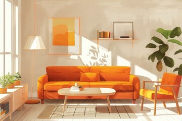 Stylish Scandinavian Living Room: Modern Apartment with Orange and Beige Color Scheme, Perfect for Contemporary Home Decor Inspiration