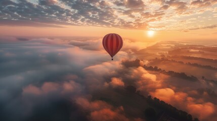 Obraz premium A hot air balloon is flying high in the sky above a foggy landscape