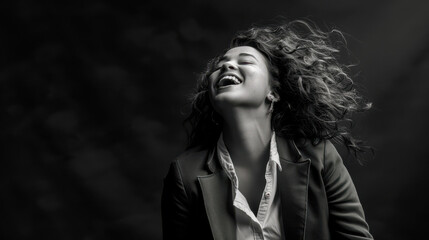An artistic black-and-white photograph of a woman with curly hair laughing, her hair animated by the wind
