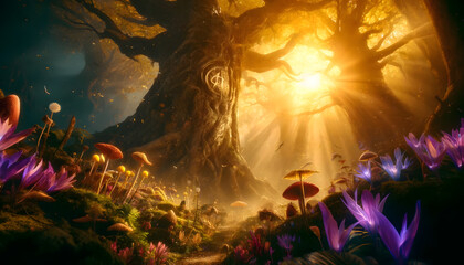 Obraz premium Enchanting Forest Glow: Mystical Light Through Ancient Trees