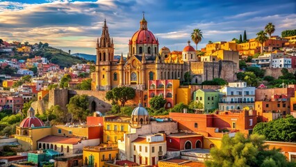 Naklejka premium Vibrant Mexican town with colorful houses and cathedral on hill , Mexico, town, cathedral, colorful, houses