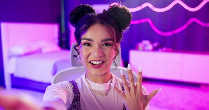 Happy girl, influencer and selfie for vlog, live stream or social media, connection or audience for online. Portrait, gen z and talking for video, content creation or internet in home for mobile app