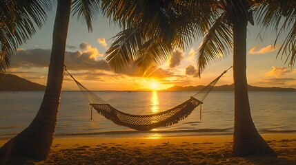 A secluded hammock strung between two palm trees on a pristine white sandy beach in Fiji, framed by a breathtaking sunset casting a golden glow over the tranquil ocean.