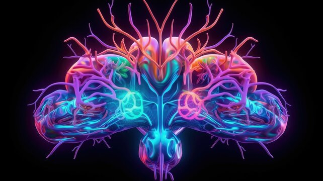 3D brain model with vibrant neon colors. Abstract image or digital artwork of human brain with multicolored or rainbow neon color glow in dark background. Neuroscience and creativity concept. AIG35.