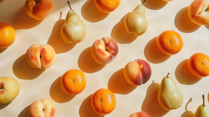 a pattern made from peaches, pears, and oranges on a neutral beige surface
