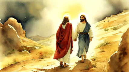 Jesus meets his Mother on the way to Calvary. Dgital watercolor painting.

