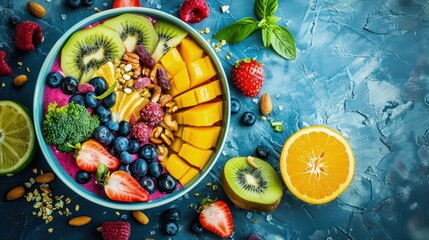 Fototapeta premium Colorful smoothie bowl with fresh fruits and nuts, vibrant and healthy breakfast, energizing wellness routine