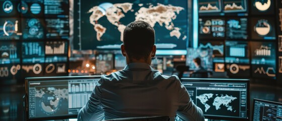 Cybersecurity expert analyzing data on multiple screens, high-tech office, protecting digital assets and information security, and proactive measures
