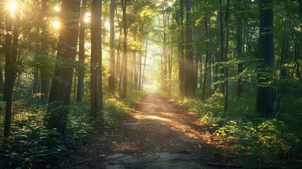 Obraz premium Forest path with diverse plant species, sunlight filtering through trees, rich biodiversity, peaceful hiking environment, and nature walk