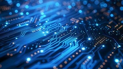 Abstract blue circuit board background with glowing lights and dots, symbolizing technology and digital design. High-tech futuristic pattern for web banner or presentation. copy space.