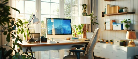 Tech-savvy home office with smart devices, high-speed internet, and ergonomic chair, optimized for productivity, modern workspace
