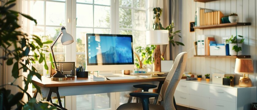 Tech-savvy home office with smart devices, high-speed internet, and ergonomic chair, optimized for productivity, modern workspace
