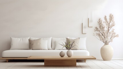 The image depicts a modern, minimalist living room with a white color scheme, featuring a sofa, a coffee table, and a wooden floor.