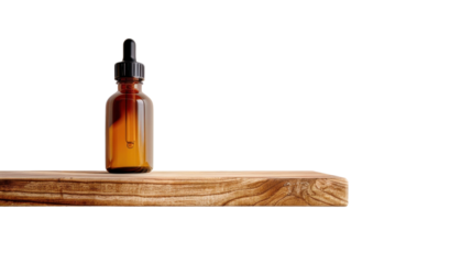 Supplement oil dropper bottle on wooden shelf on transparent background