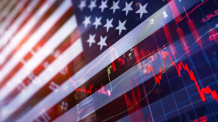 American Flag and Stock Market Graph: Economic Decline Concept for Financial News and US Economy Analysis