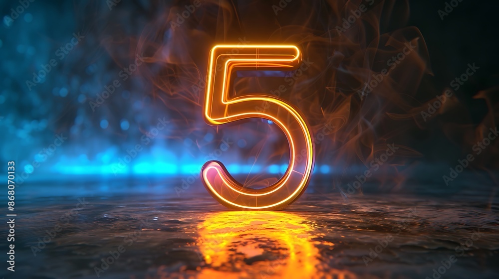 Fototapete The image shows a 3D rendering of the number 5 in neon orange, floating above a reflective surface.