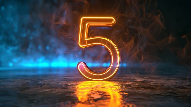 The image shows a 3D rendering of the number 5 in neon orange, floating above a reflective surface.
