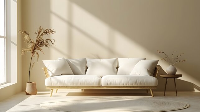 Beige sofa and side table against beige wall in a living room interior, 3D rendering mock up with copy space for text or product display presentation of a home design concept.
