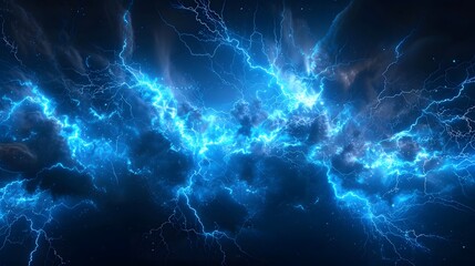 Blue lightning background, dark blue color, a lightning effect, electricity, energy flow, an electric field, glowing lightnings, an electric storm, thunderstorm, black sky.