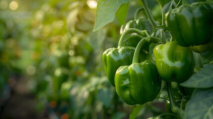 Green peppers hanging from the plant in an organic vegetable garden. Green bell peppers and other vegetables growing on tree branches.