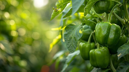 Fototapeta premium Green peppers hanging from the plant in an organic vegetable garden. Green bell peppers and other vegetables growing on tree branches.
