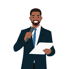 Young businessman at successful public speaking. Flat vector illustration isolated on white background