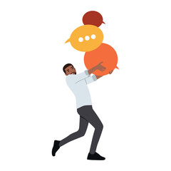 Businessman carrying speech bubbles. Flat vector illustration isolated on white background