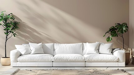 Modern living room with a white sofa and copy space on a beige wall background. Minimalist home interior design of a modern apartment.