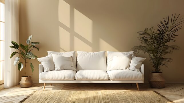 Modern living room with a white sofa and copy space on a beige wall background. Minimalist home interior design of a modern apartment.