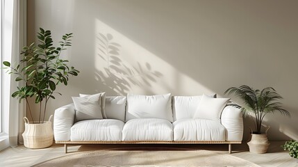 Modern living room with a white sofa and copy space on a beige wall background. Minimalist home interior design of a modern apartment.