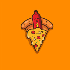 Sausage sleep on slice cheese pizza illustration 