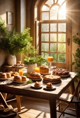 Fototapeta premium stylish breakfast corner fresh pastries morning sunlight, bright, cozy, elegant, modern, chic, delicious, bakery, coffee, croissant, muffin, table, chair
