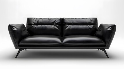 Fototapeta premium Sleek black leather sofa isolated on white background, 3D rendering, HD, perspective angle view, showcasing the elegance of modern furniture design.