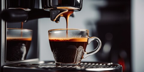 Fototapeta premium Espresso Machine Pouring Coffee Into Glass Cup