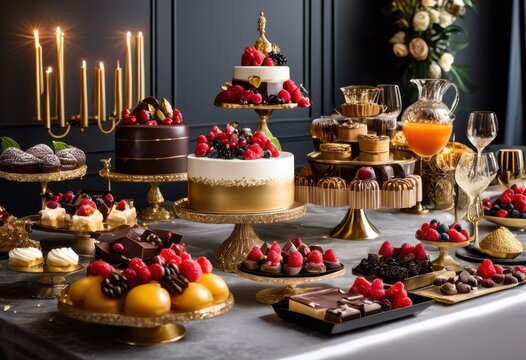 sophisticated dessert spread elegant treats sweets buffet display, cakes, pastries, cupcakes, macarons, chocolates, tarts, confections, cookies, candies