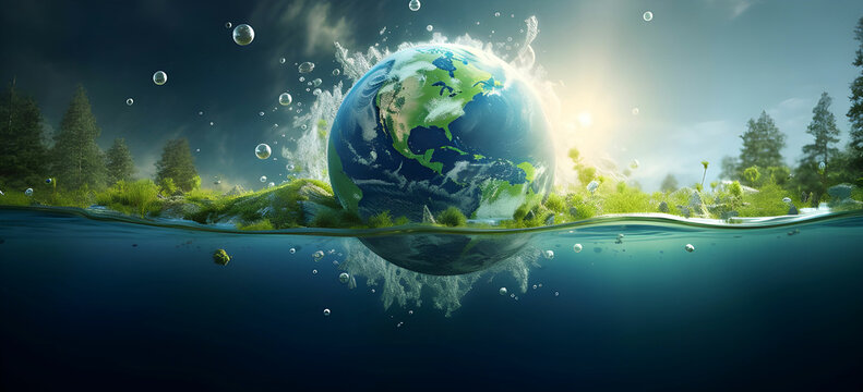 planet earth in the form of a globe in transparent water