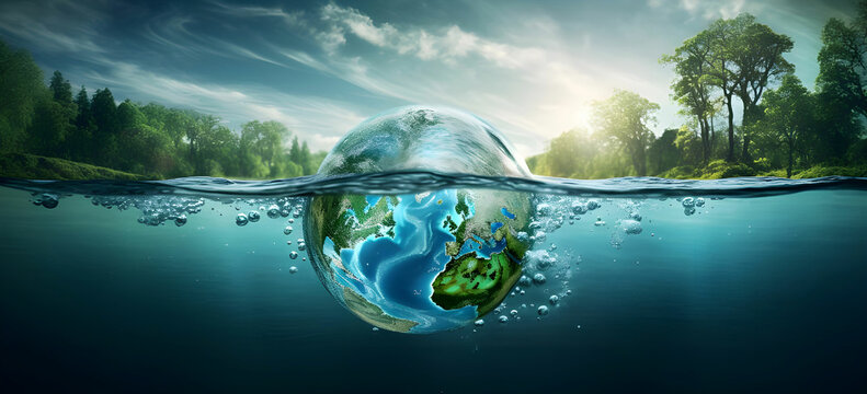 planet earth in the form of a globe in transparent water