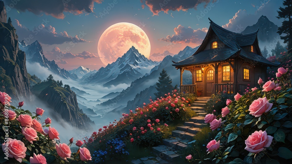 Canvas Prints Cabin in the Mountains Under a Full Moon.