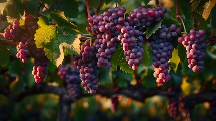 Vibrant clusters of grapes hanging from vineyard vines, the morning light casting a gentle glow on their plump, purple skins, embodying the essence of harvest time.