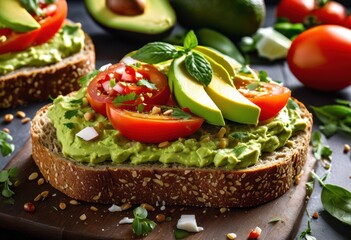 creamy avocado toast rye bread fresh ingredients natural light, healthy, breakfast, delicious, green, ripe, food, meal, vegetarian, snack, culinary, gourmet