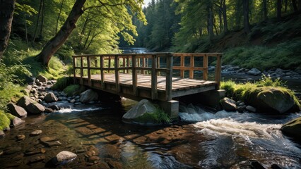 Obraz premium Wooden Bridge Over River In Forest.