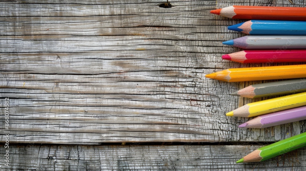 Sticker Wooden background with colored pencils