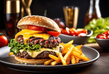 succulent gourmet burger oozing melted cheese plate, food, delicious, meal, lunch, dinner, tasty, beef, sandwich, cooked, fresh, juicy, grilled, savory