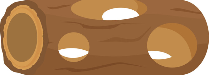 Hollow log lying horizontally with holes, isolated on white background