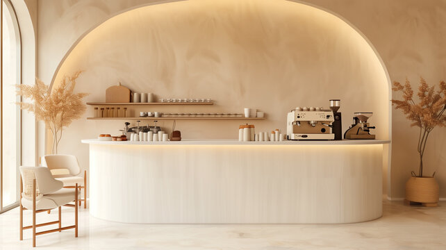 Minimalist cafe bar interior with shiny ivory white corner table and coffee machine
