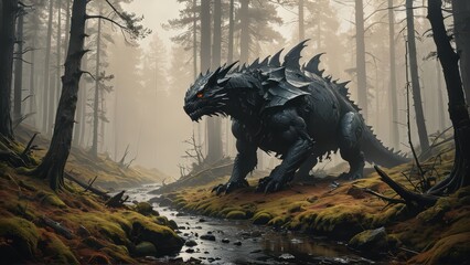 Fototapeta premium Black Dragon in a Foggy Forest.