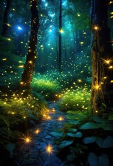 enchanted forest illuminated glowing fireflies magical night scene, nature, mystical, woods, fairy, tale, ethereal, luminescent, trees, mysterious, wilderness,