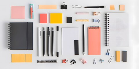 office supplies and stationery items, Aranged in a Visually Captivating Flat Lay Composition