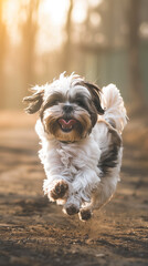 Full body shot of a Shih Tzu, happily running in the soft sunlight.